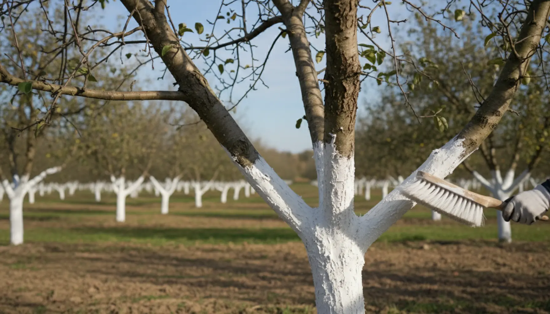 Bielenie drzew owocowych na zimę, zdjęcie techniki zabezpieczenia pnia