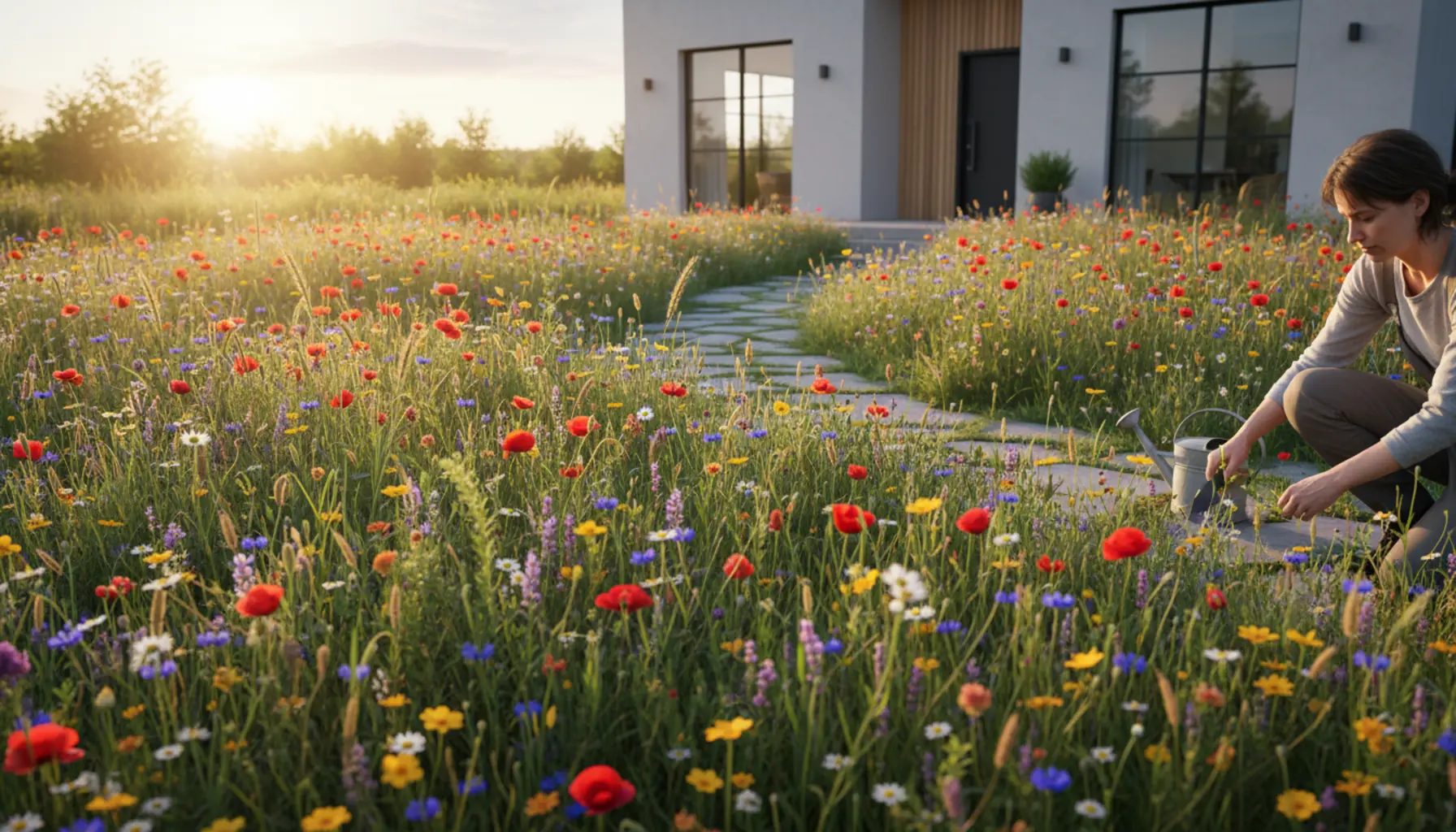 Piękna łąka kwietna kwitnąca w ogrodzie z przewagą dzikich kwiatów