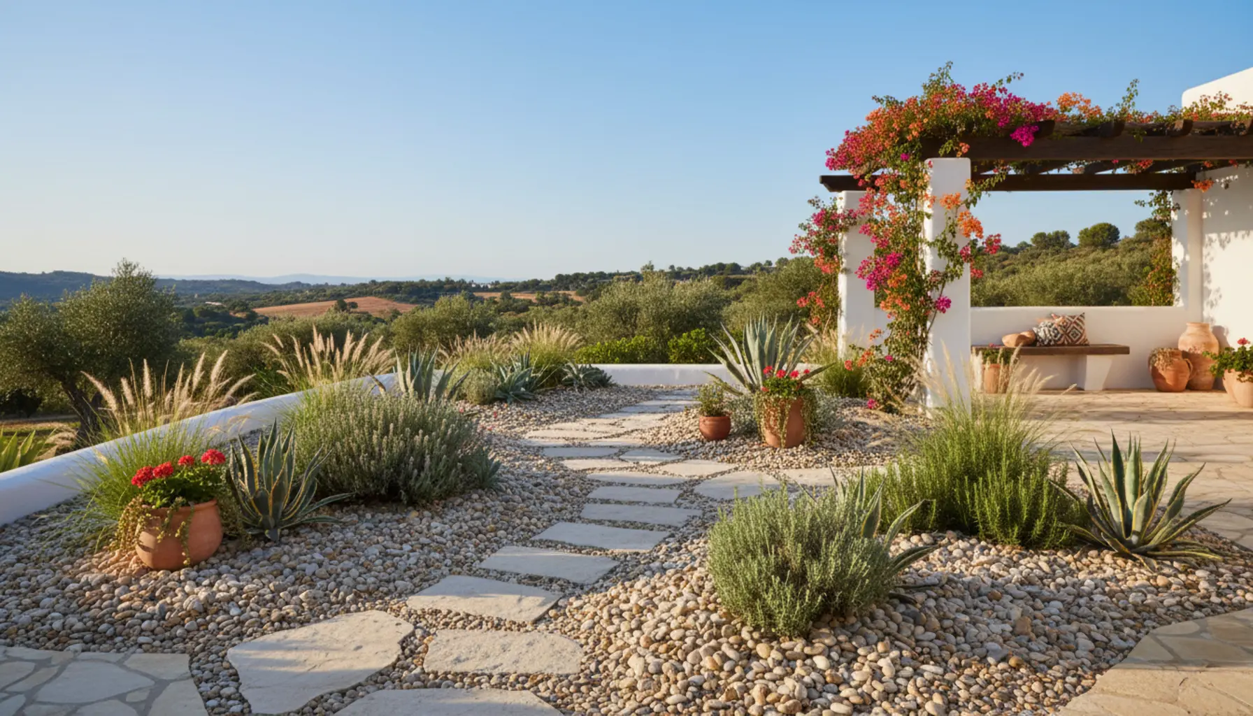 Ogród w stylu śródziemnomorskim z żwirową rabatą i lawendą porada